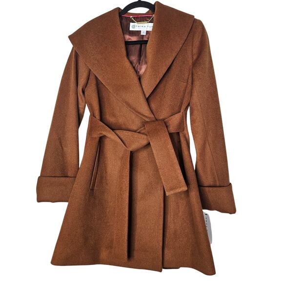 NEW Trina Turk 0 Dark Camel Brown Wool Blend Tie Front Coat Classic Career - Picture 1 of 5